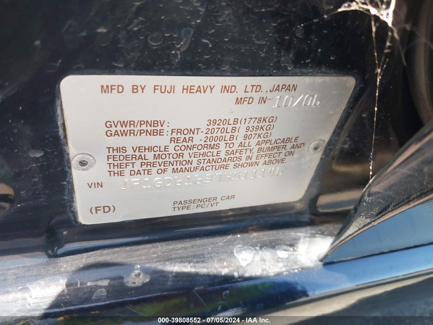 2007 Subaru Impreza 2.5I VIN: JF1GD61637H511146 Lot: 39808552