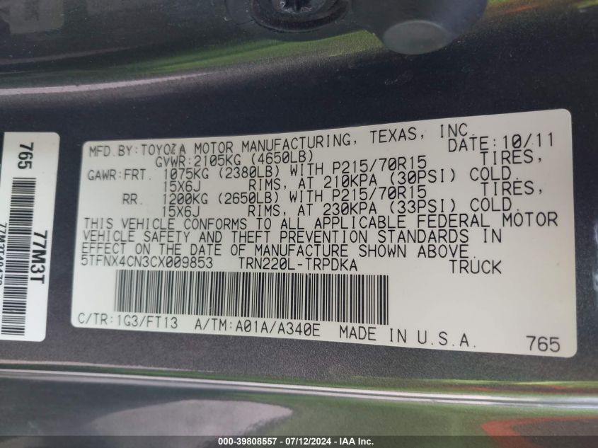 2012 Toyota Tacoma VIN: 5TFNX4CN3CX009853 Lot: 39808557