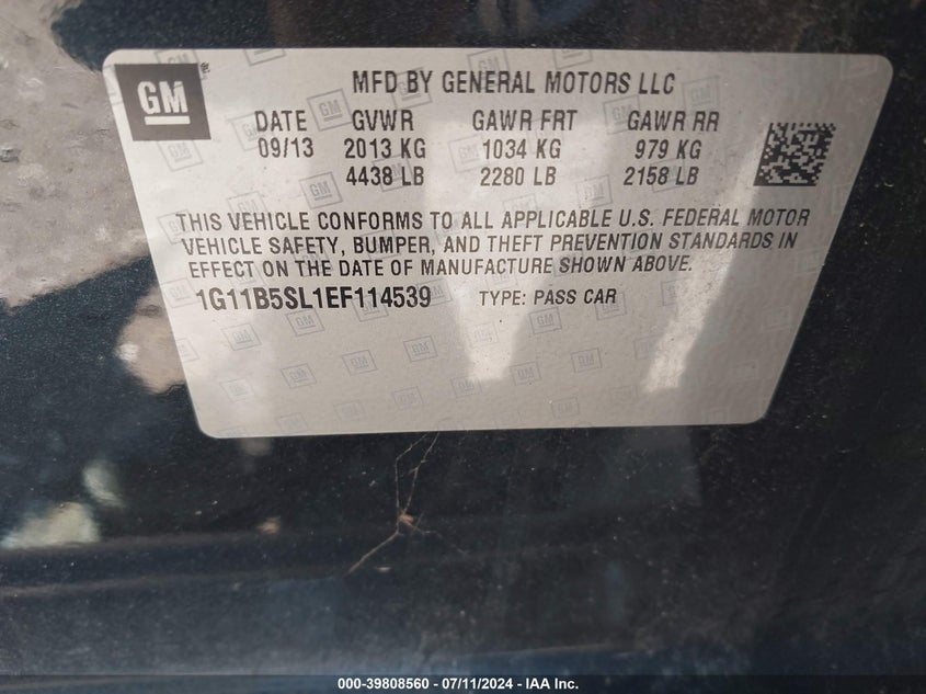 2014 Chevrolet Malibu 1Ls VIN: 1G11B5SL1EF114539 Lot: 39808560