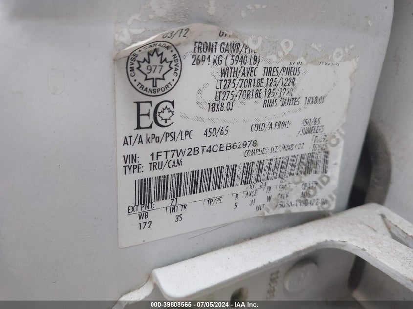 2012 Ford F-250 Xlt VIN: 1FT7W2BT4CEB62978 Lot: 39808565