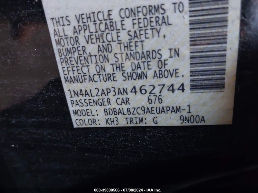 2010 Nissan Altima S VIN: 1N4AL2AP3AN462744 Lot: 39808566