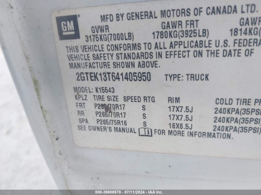 2004 GMC Sierra 1500 Slt VIN: 2GTEK13T641405950 Lot: 39808578