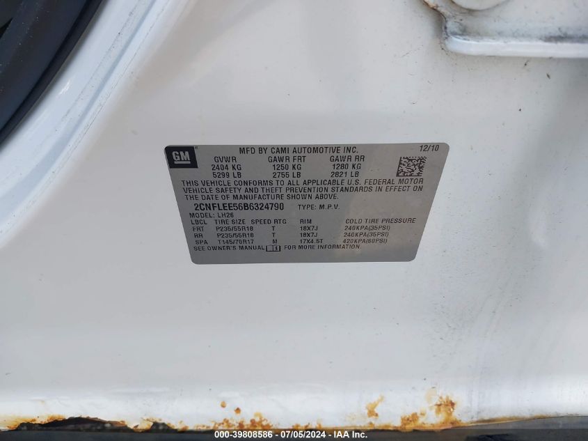 2011 Chevrolet Equinox 1Lt VIN: 2CNFLEE56B6324790 Lot: 39808586