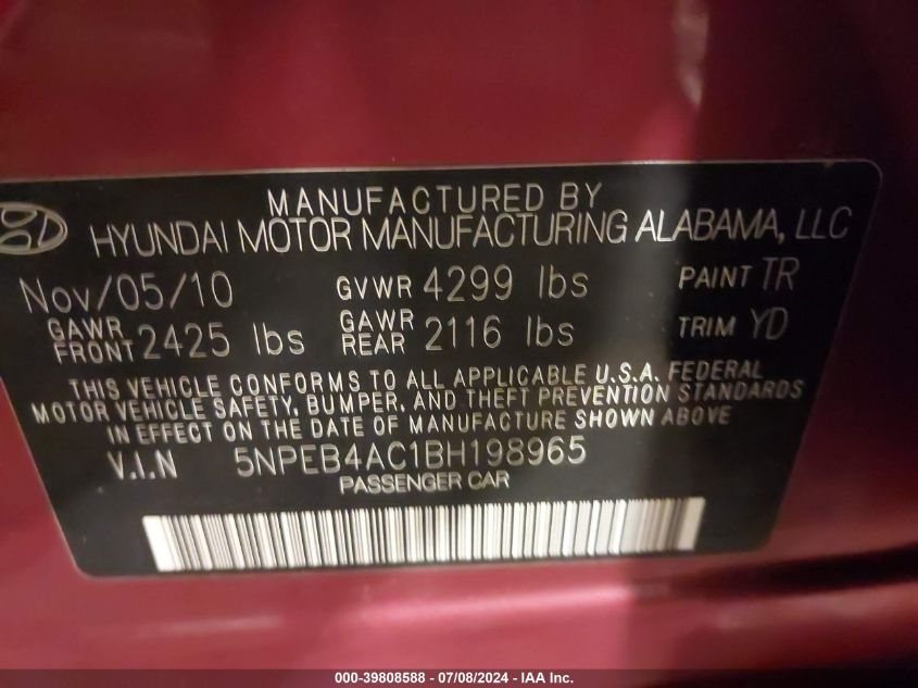 2011 Hyundai Sonata Gls VIN: 5NPEB4AC1BH198965 Lot: 39808588