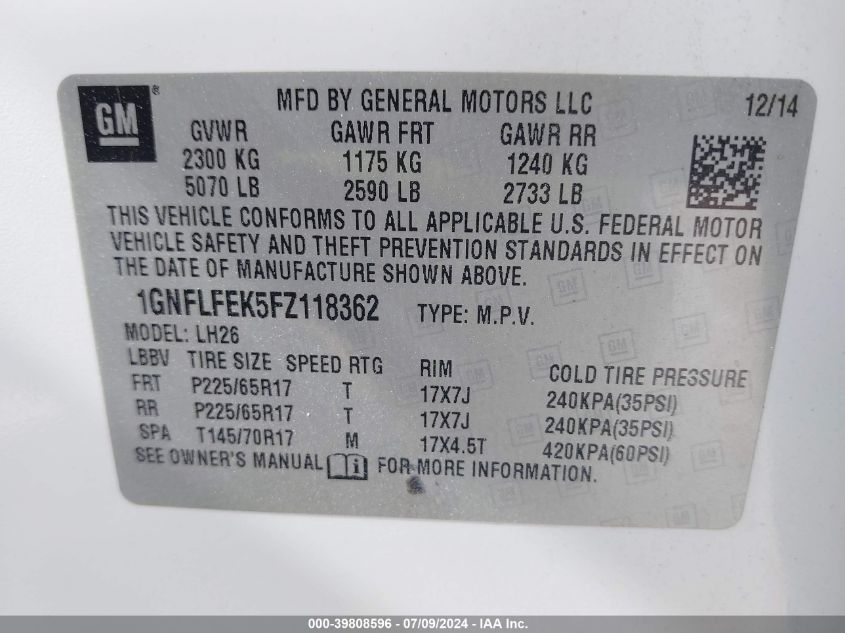 2015 Chevrolet Equinox 1Lt VIN: 1GNFLFEK5FZ118362 Lot: 39808596