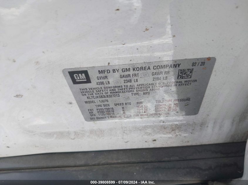 2020 Chevrolet Trax Ls VIN: KL7CJKSB3LB327213 Lot: 39808599