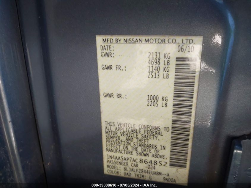 2010 Nissan Maxima 3.5 Sv VIN: 1N4AA5AP7AC864852 Lot: 39808610