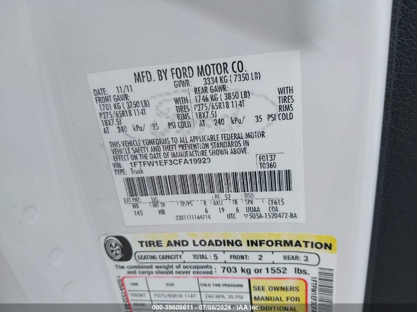 2012 Ford F-150 Lariat VIN: 1FTFW1EF3CFA19929 Lot: 39808611