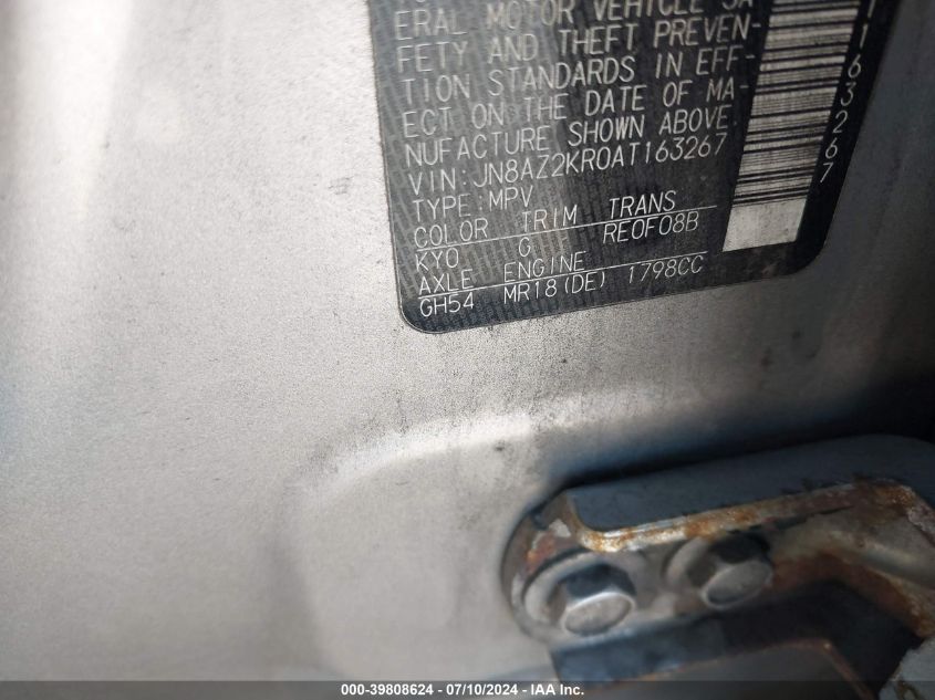 2010 Nissan Cube 1.8Sl VIN: JN8AZ2KR0AT163267 Lot: 39808624