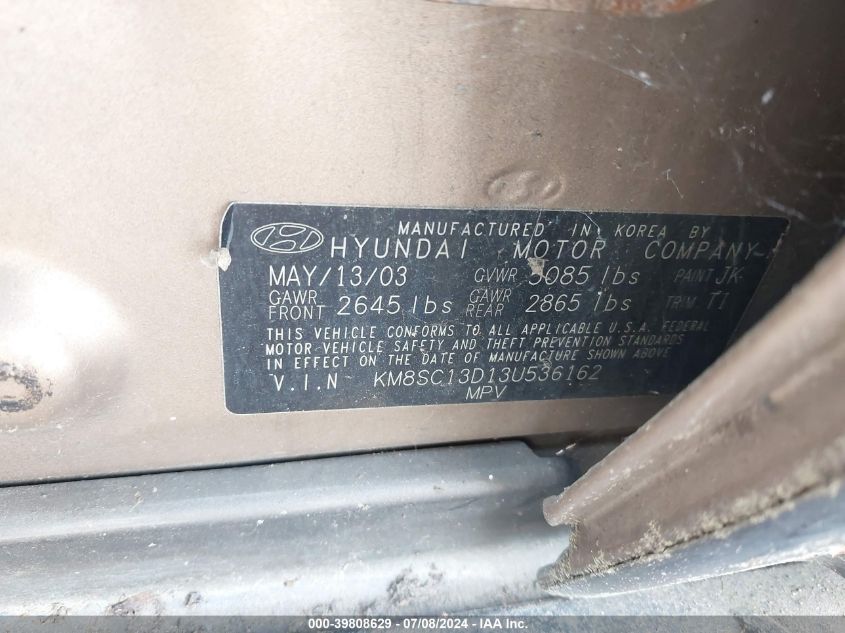 2003 Hyundai Santa Fe Gls/Lx VIN: KM8SC13D13U536162 Lot: 39808629