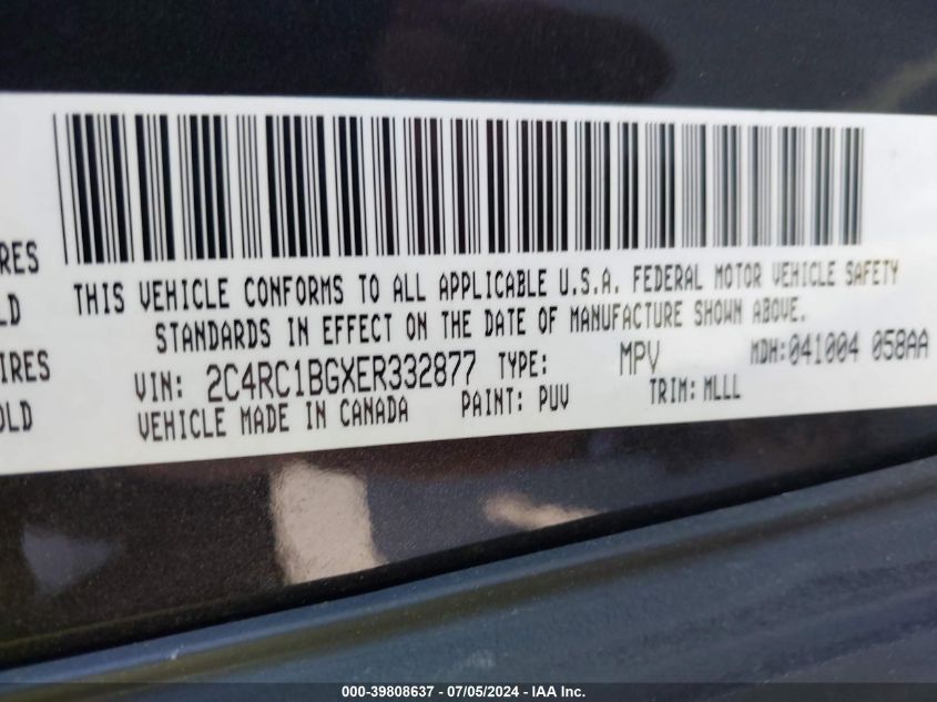 2014 Chrysler Town & Country Touring VIN: 2C4RC1BGXER332877 Lot: 39808637