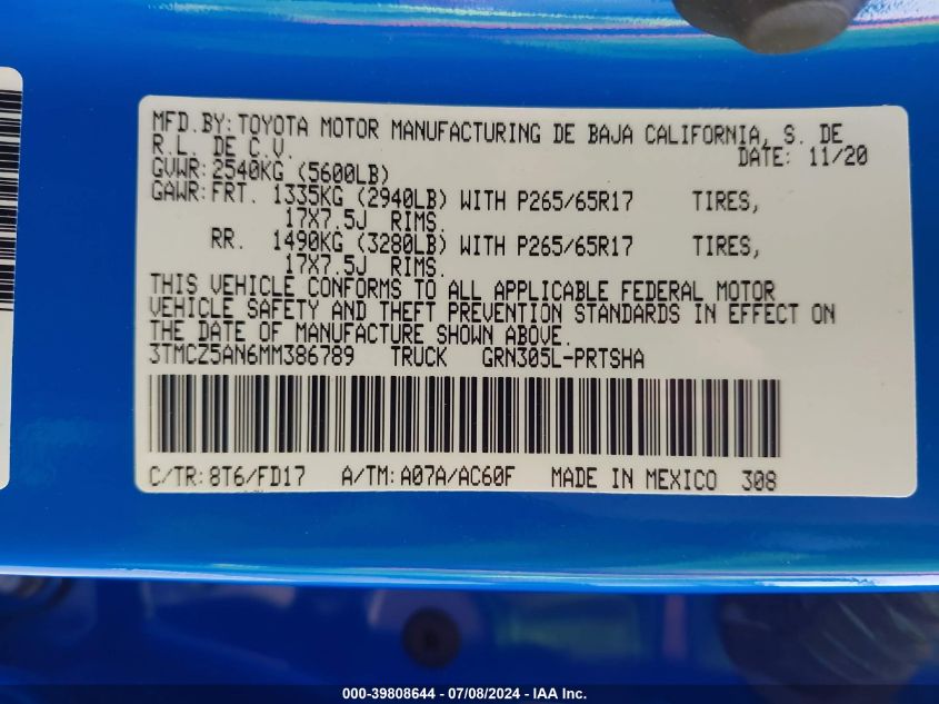 2021 Toyota Tacoma Trd Sport VIN: 3TMCZ5AN6MM386789 Lot: 39808644