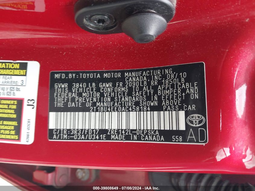 2010 Toyota Corolla S/Le/Xle VIN: 2T1BU4EE0AC458184 Lot: 39808649