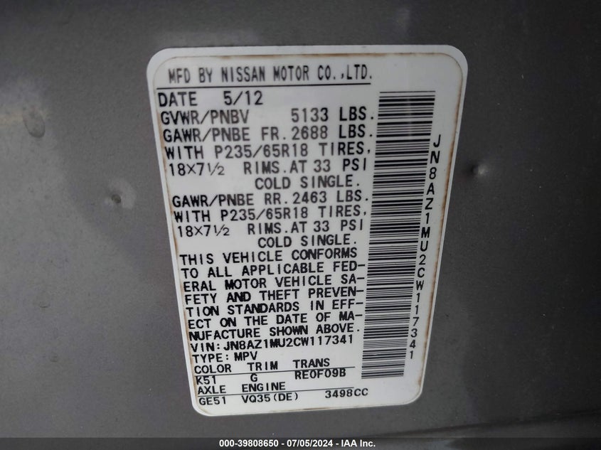 2012 Nissan Murano Sl VIN: JN8AZ1MU2CW117341 Lot: 39808650