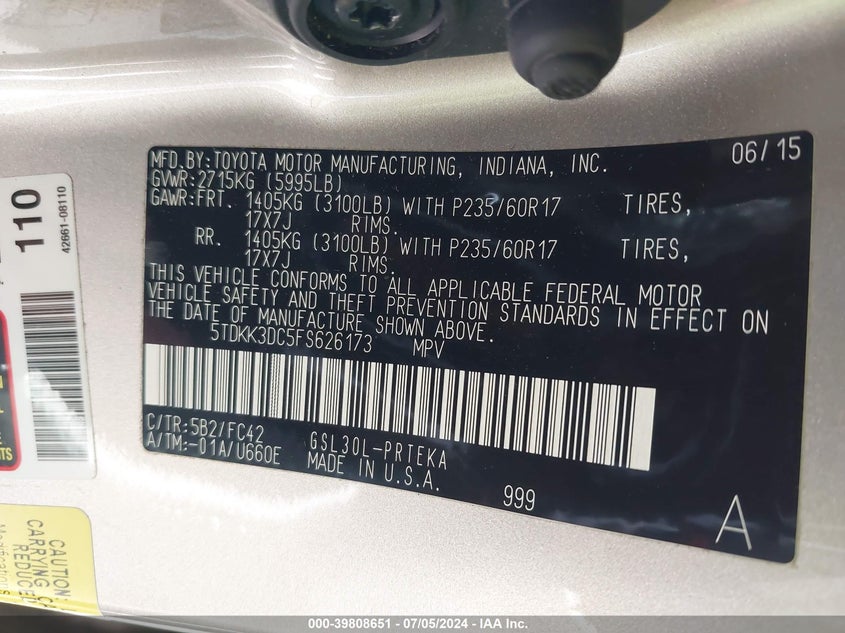 2015 Toyota Sienna Le 8 Passenger VIN: 5TDKK3DC5FS626173 Lot: 39808651