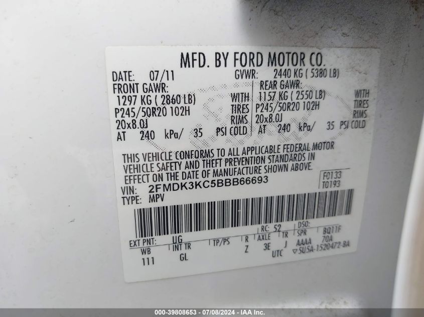 2011 Ford Edge Limited VIN: 2FMDK3KC5BBB66693 Lot: 39808653