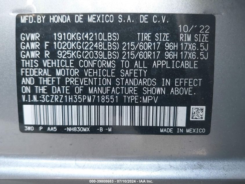 2023 Honda Hr-V 2Wd Lx VIN: 3CZRZ1H35PM718551 Lot: 39808683