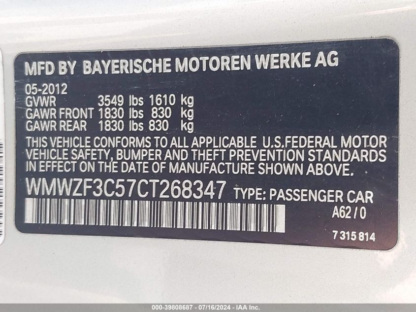 2012 Mini Cooper Clubman Clubman VIN: WMWZF3C57CT268347 Lot: 39808687