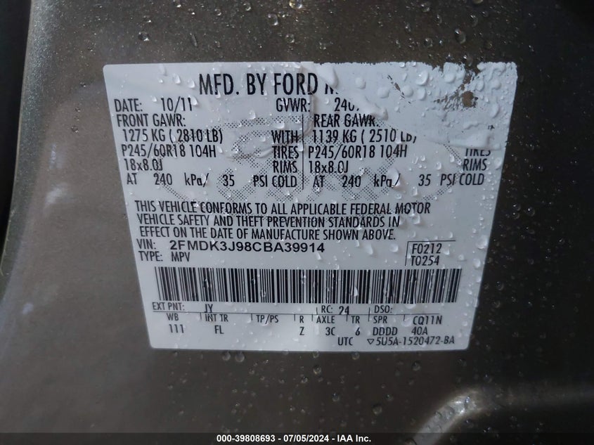 2012 Ford Edge Sel VIN: 2FMDK3J98CBA39914 Lot: 39808693