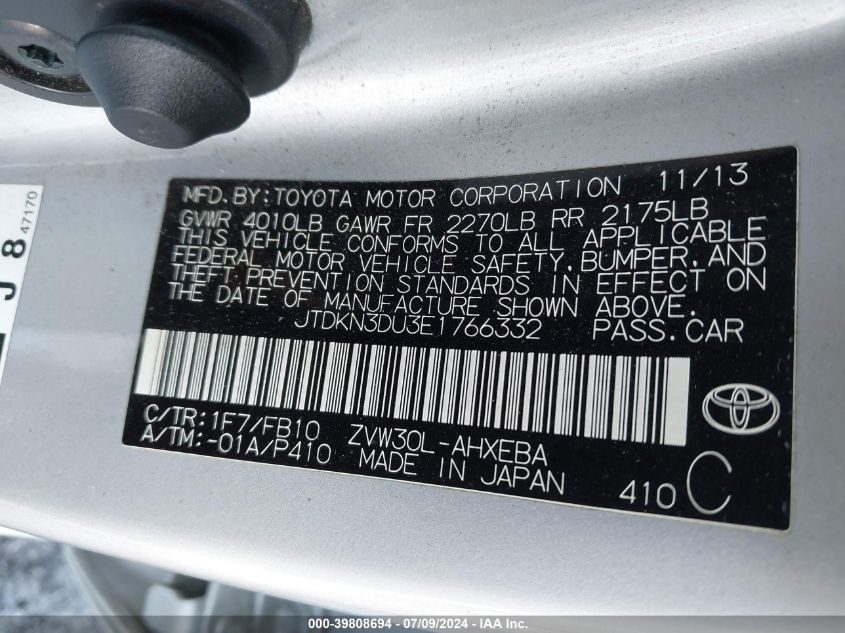 2014 Toyota Prius Two VIN: JTDKN3DU3E1766332 Lot: 39808694