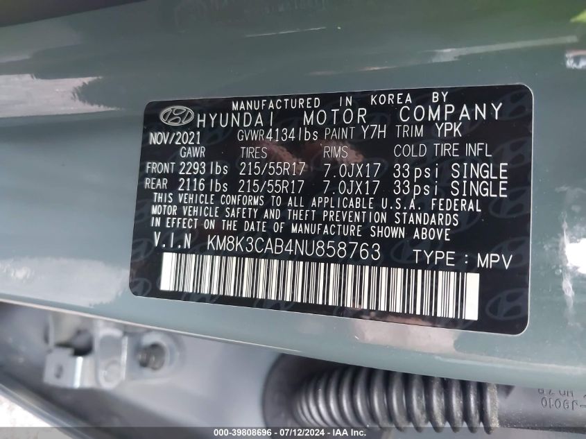 2022 Hyundai Kona Sel VIN: KM8K3CAB4NU858763 Lot: 39808696