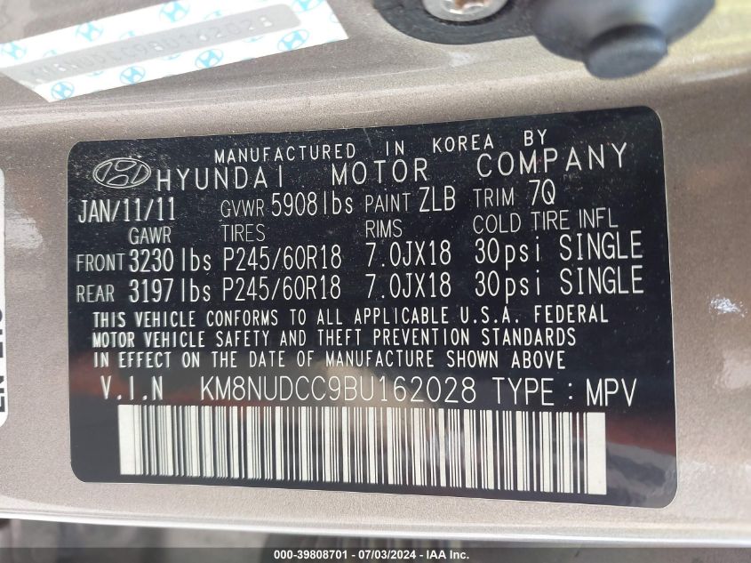 2011 Hyundai Veracruz Limited VIN: KM8NUDCC9BU162028 Lot: 39808701