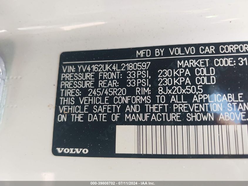 2020 Volvo Xc40 T5 Momentum VIN: YV4162UK4L2180597 Lot: 39808702