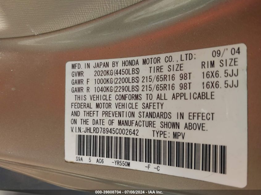 2005 Honda Cr-V Se VIN: JHLRD78945C002642 Lot: 39808704