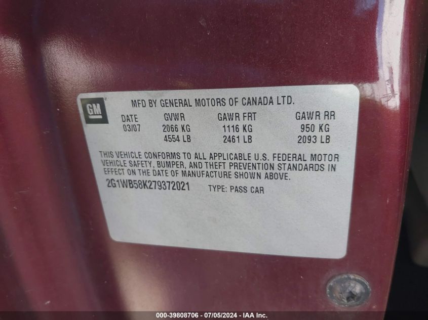 2007 Chevrolet Impala Ls VIN: 2G1WB58K279372021 Lot: 39808706