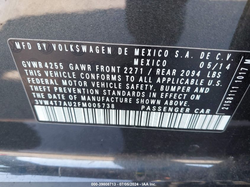 2015 Volkswagen Golf Gti 2.0T S 4-Door VIN: 3VW4T7AU2FM005738 Lot: 39808713