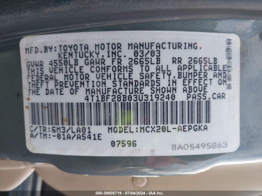 2003 Toyota Avalon Xls VIN: 4T1BF28B03U319240 Lot: 39808719