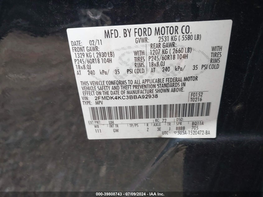 2011 Ford Edge Limited VIN: 2FMDK4KC3BBA92938 Lot: 39808743