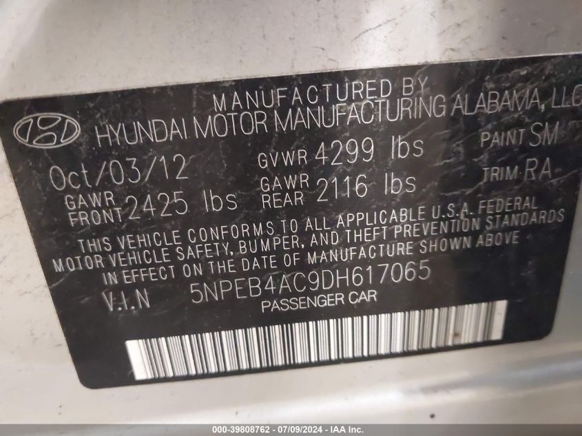 2013 Hyundai Sonata Gls VIN: 5NPEB4AC9DH617065 Lot: 39808762