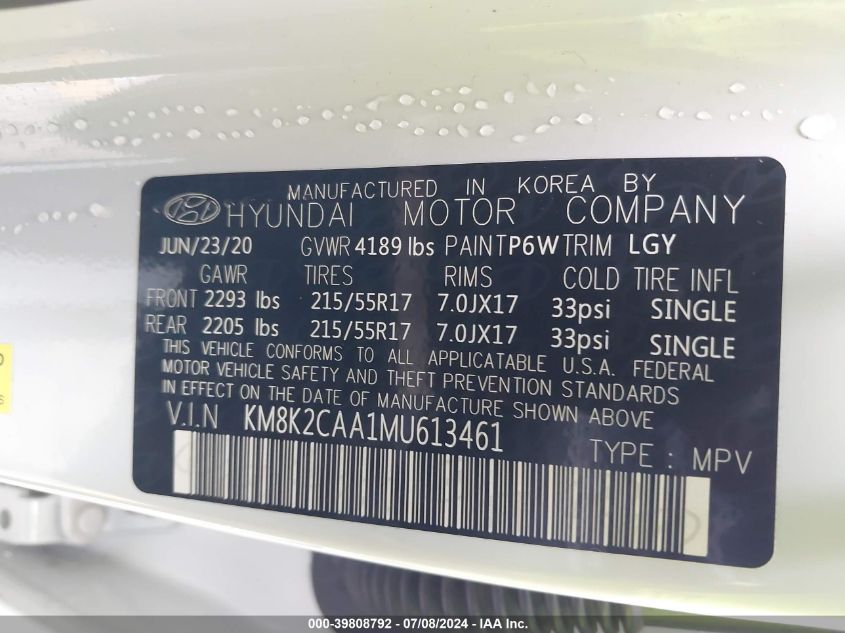 2021 Hyundai Kona Sel VIN: KM8K2CAA1MU613461 Lot: 39808792