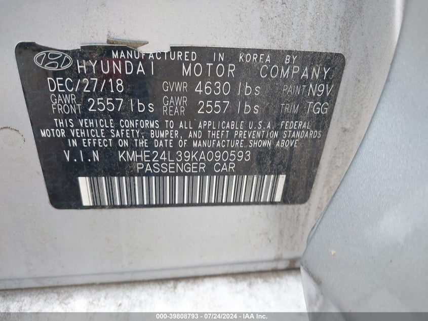 2019 Hyundai Sonata Hybrid Se VIN: KMHE24L39KA090593 Lot: 39808793