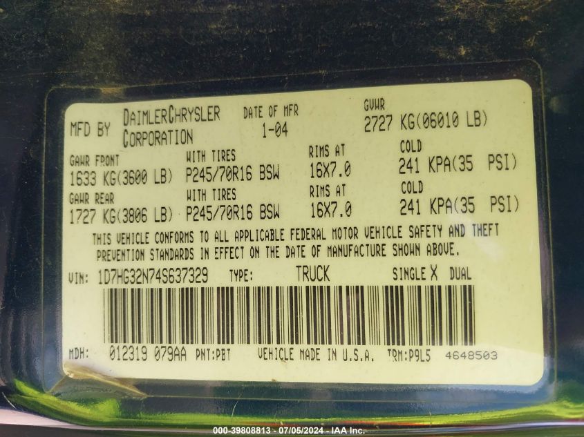 2004 Dodge Dakota Sport VIN: 1D7HG32N74S637329 Lot: 39808813