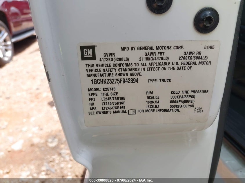 2005 Chevrolet Silverado K2500 Heavy Duty VIN: 1GCHK23275F942394 Lot: 39808820