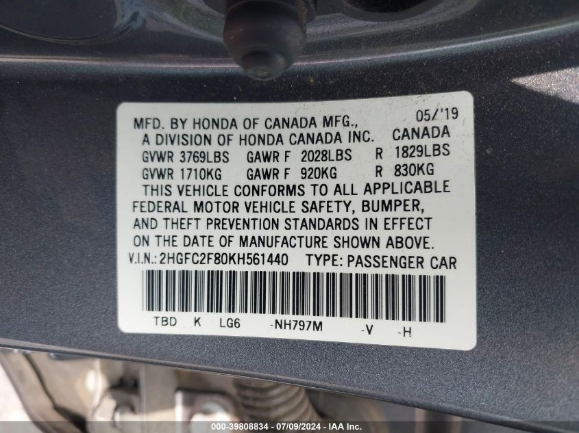 2019 Honda Civic Sport VIN: 2HGFC2F80KH561440 Lot: 39808834