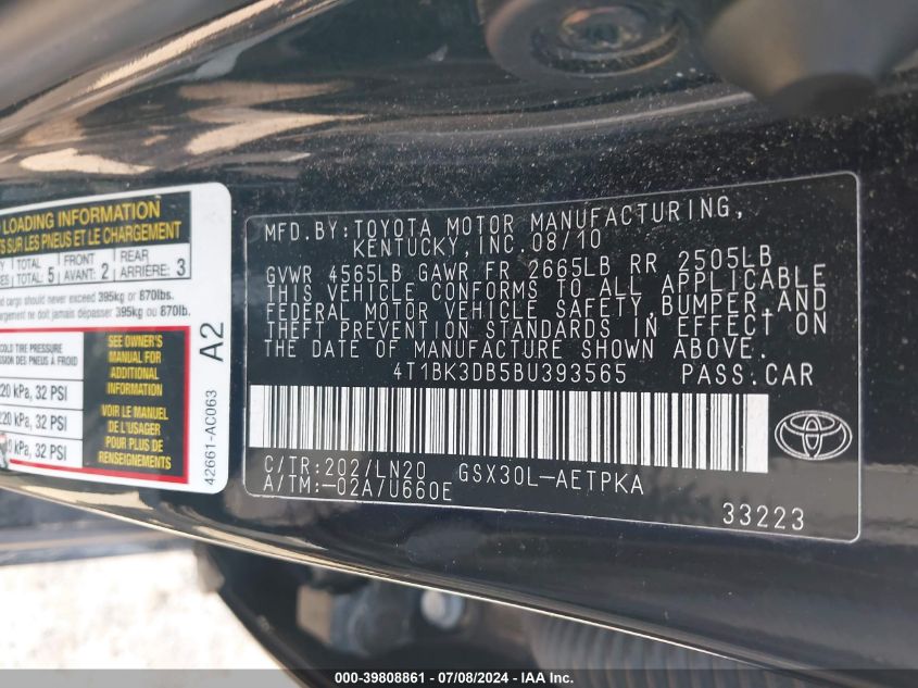 4T1BK3DB5BU393565 2011 Toyota Avalon Limited