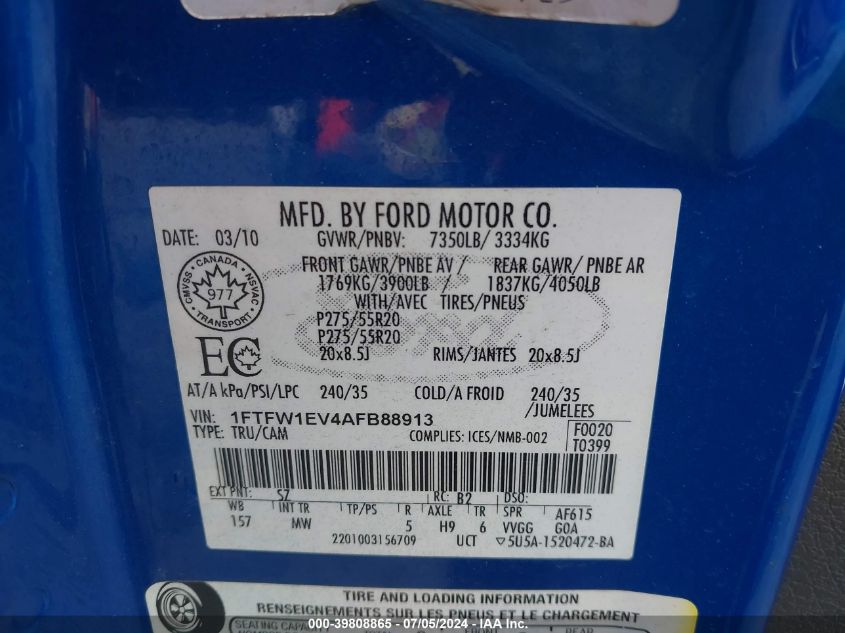 2010 Ford F-150 Fx4/Harley-Davidson/King Ranch/Lariat/Platinum/Xl/Xlt VIN: 1FTFW1EV4AFB88913 Lot: 39808865