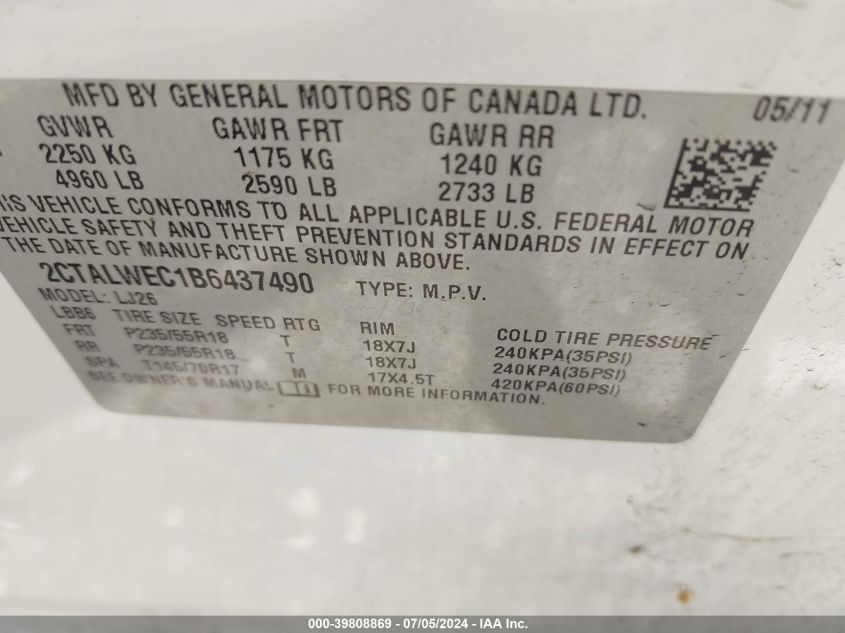 2011 GMC Terrain Slt-2 VIN: 2CTALWEC1B6437490 Lot: 39808869