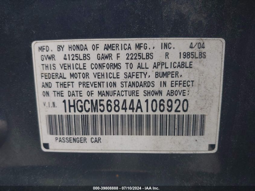 2004 Honda Accord 2.4 Ex VIN: 1HGCM56844A106920 Lot: 39808888