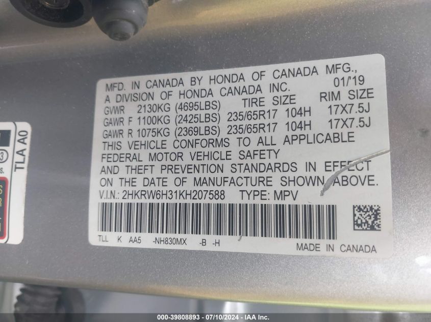 2019 Honda Cr-V Lx VIN: 2HKRW6H31KH207588 Lot: 39808893