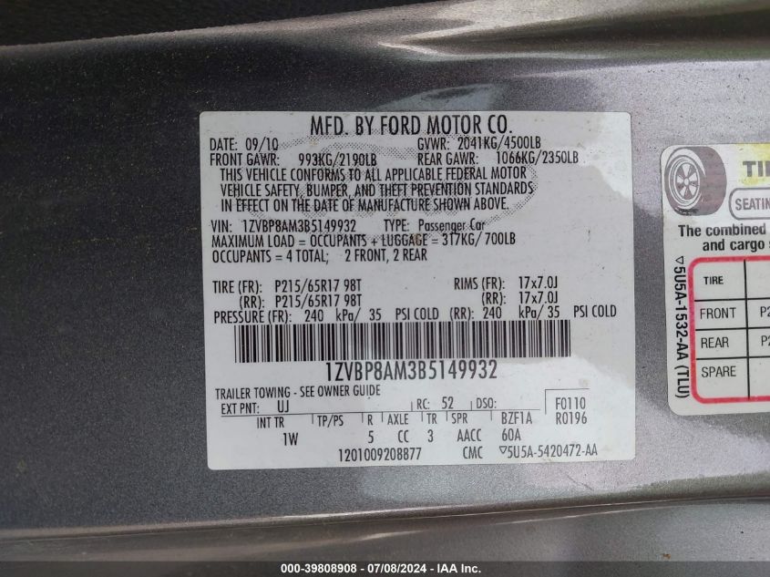 2011 Ford Mustang V6 VIN: 1ZVBP8AM3B5149932 Lot: 39808908