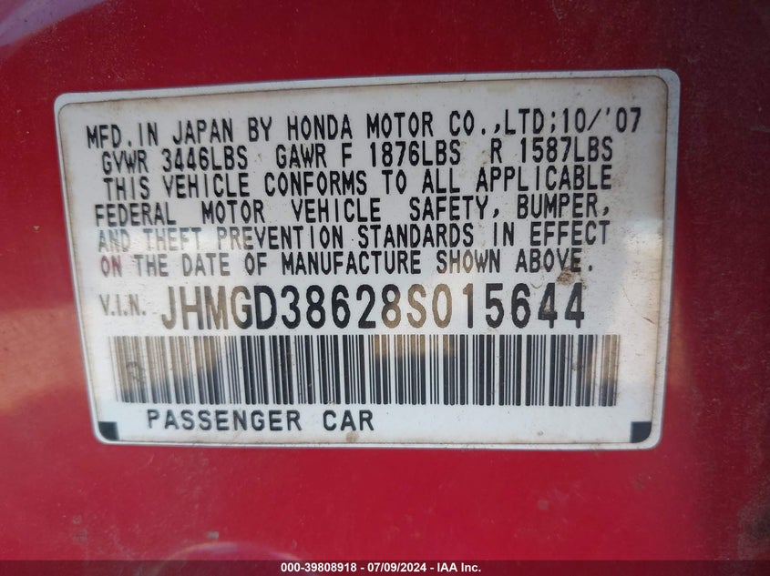 2008 Honda Fit Sport VIN: JHMGD38628S015644 Lot: 39808918