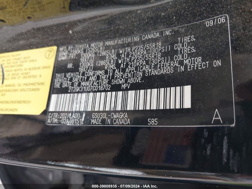 2007 Lexus Rx 350 VIN: 2T2GK31U07C018702 Lot: 39808935