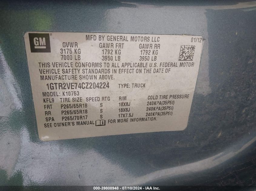 2012 GMC Sierra 1500 Sle VIN: 1GTR2VE74CZ204224 Lot: 39808948