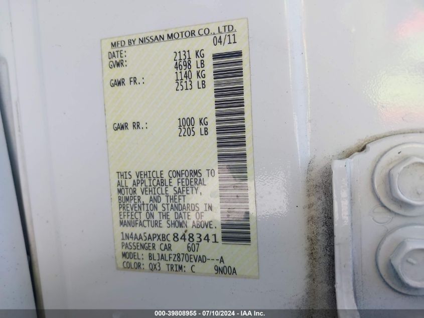 2011 Nissan Maxima 3.5 Sv VIN: 1N4AA5APXBC848341 Lot: 39808955