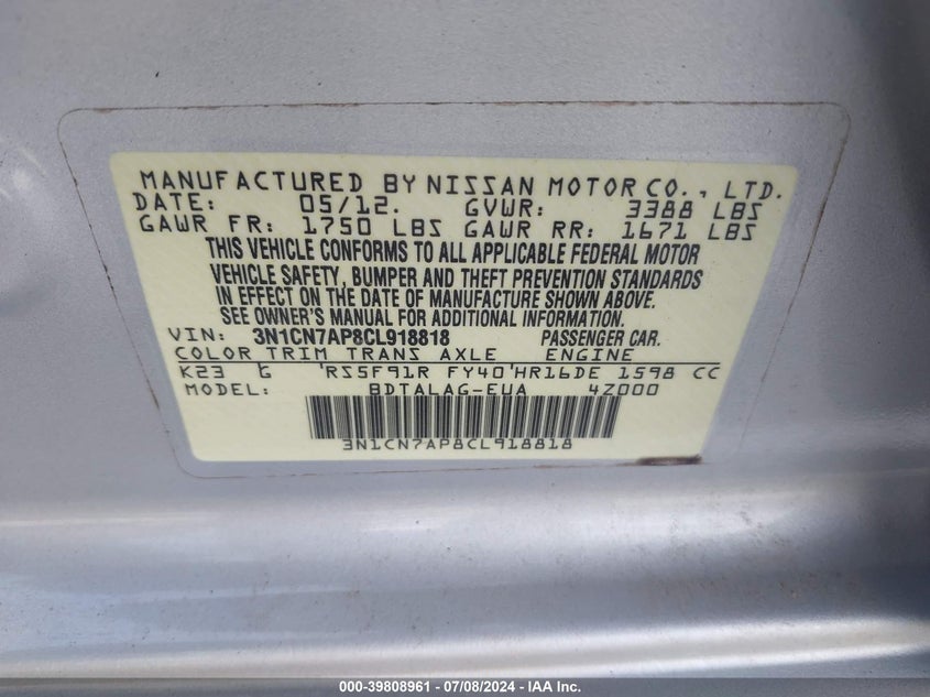 2012 Nissan Versa 1.6 S VIN: 3N1CN7AP8CL918818 Lot: 39808961