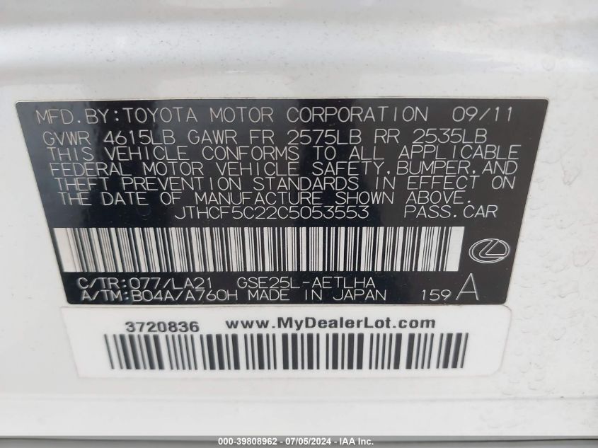 2012 Lexus Is 250 VIN: JTHCF5C22C5053553 Lot: 39808962